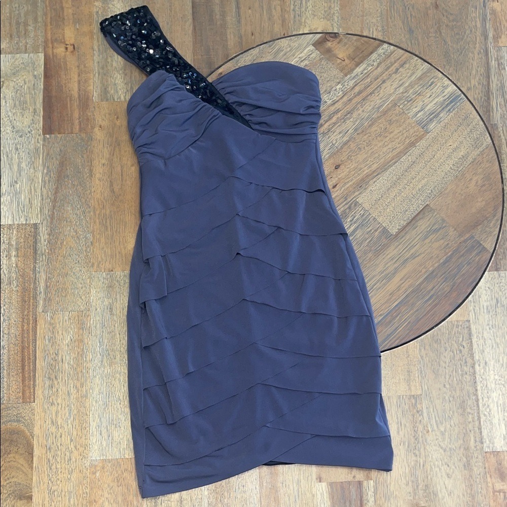 Elegant Gray One Shoulder Sequin Mini Dress Charcoal Tiered Bodycon S